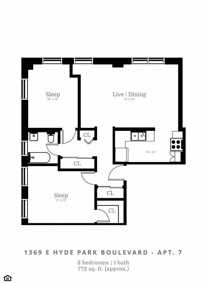 Floor plan for 2 beds, 1 bath, 772 sqft